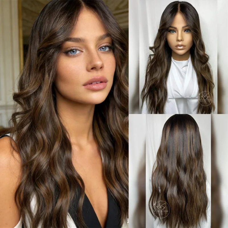 

Парик 13x4 Ombre с каштаново-коричневыми мелиями, HD-кружево, без клея, с предварительно вычесанной линией роста волос, балаяж, премиум-волокно, женский, мягкая волна