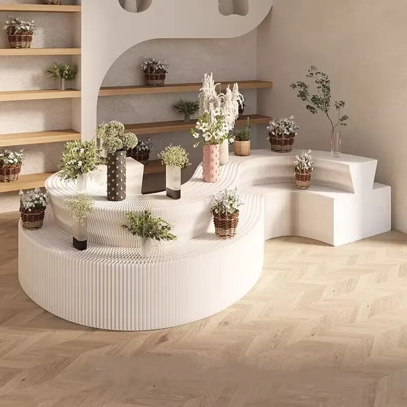 

New Convex shape Organ Paper Folding Shoe Display Rack Cake Dessert Show Table Curved Exhibition Layout Display Storage Shelf