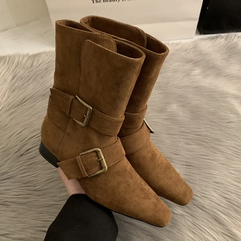 

Suede Metal Buckle Belt Ankle Boots Sexy Square Toe Suqare Heel New Arrivals Fashion Women Modern Slouchy Boots