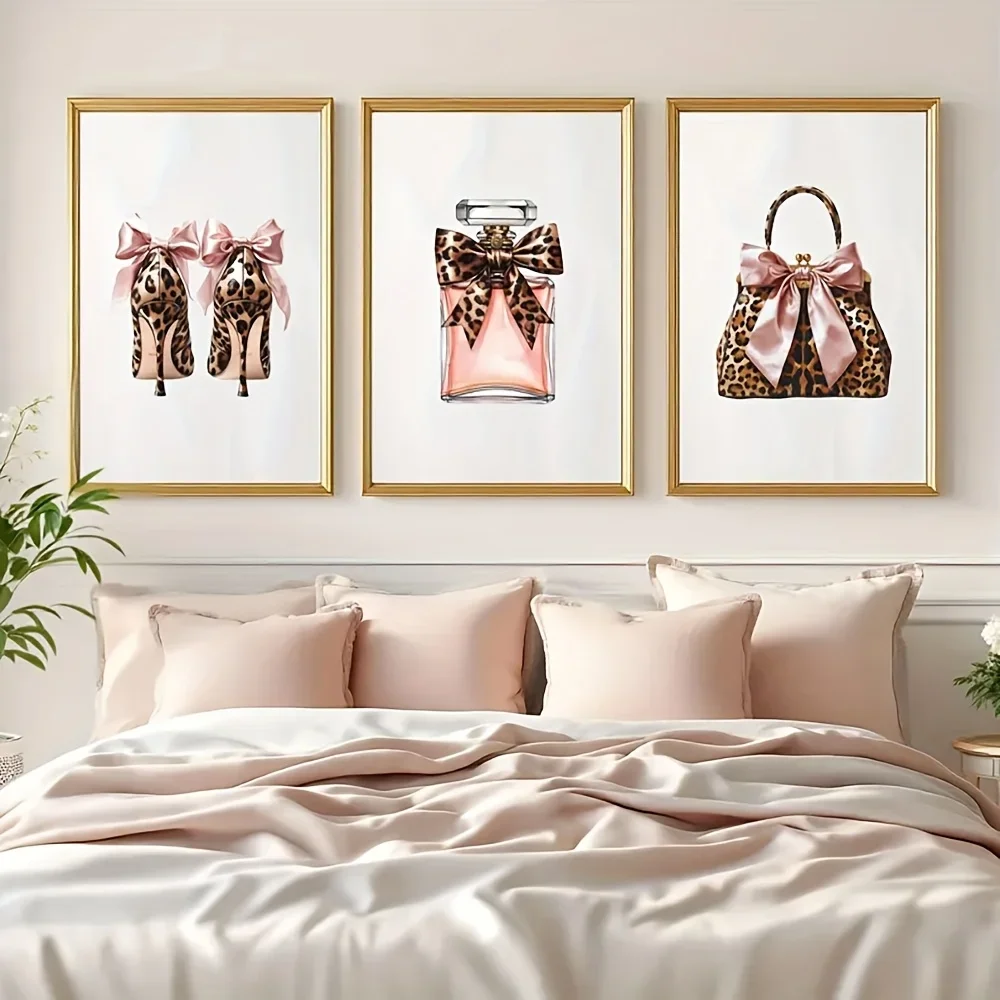 （Unframe 3PCS）-Set of 3 Pink Leopard Print Wall Art - Frameless Vertical Girly Room Decor, Cheetah & Bow Accent Posters, Retr
