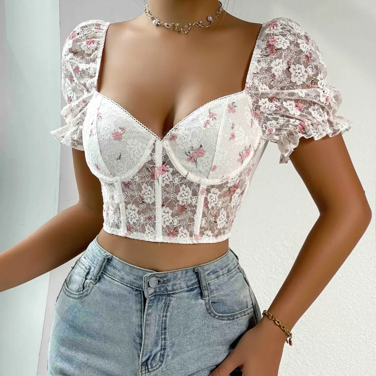 ISAROSE Lace Crop Tops for Women Sexy Breathable Stretch Low Cut Short Puff Sleeves Mesh Back Party Night Club Corset Tank Tops