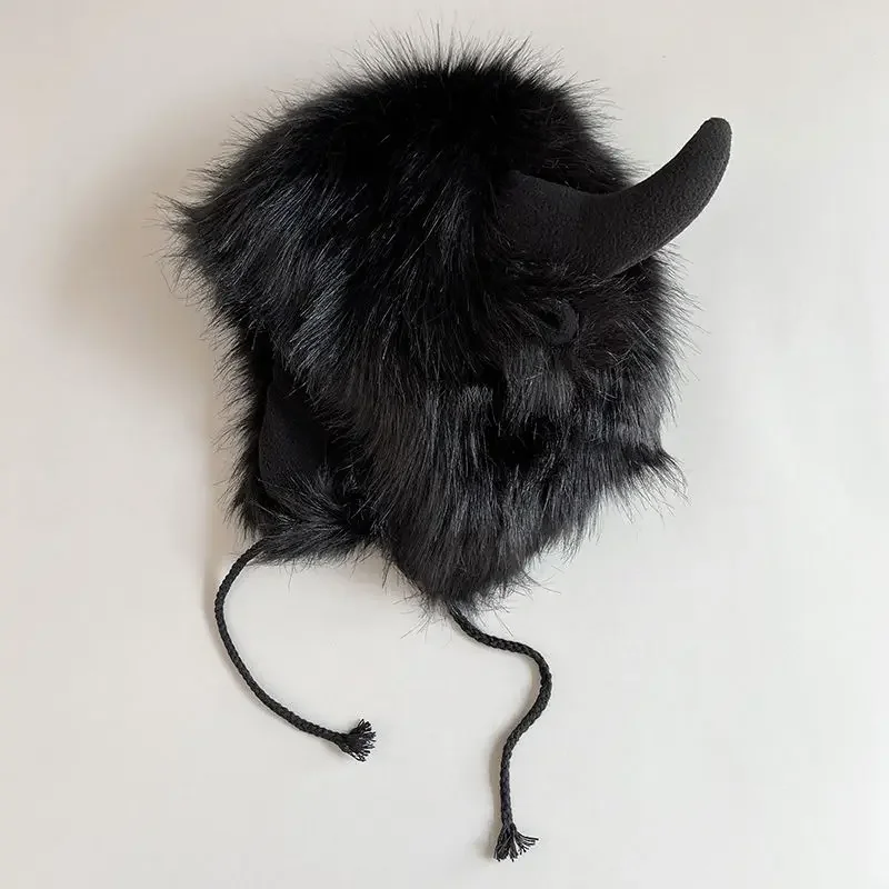 Big Black Ox Hair Leifeng Hat Men and Women Winter Warm Ear Protection Personality Wind and Cold Riding Cotton Hat