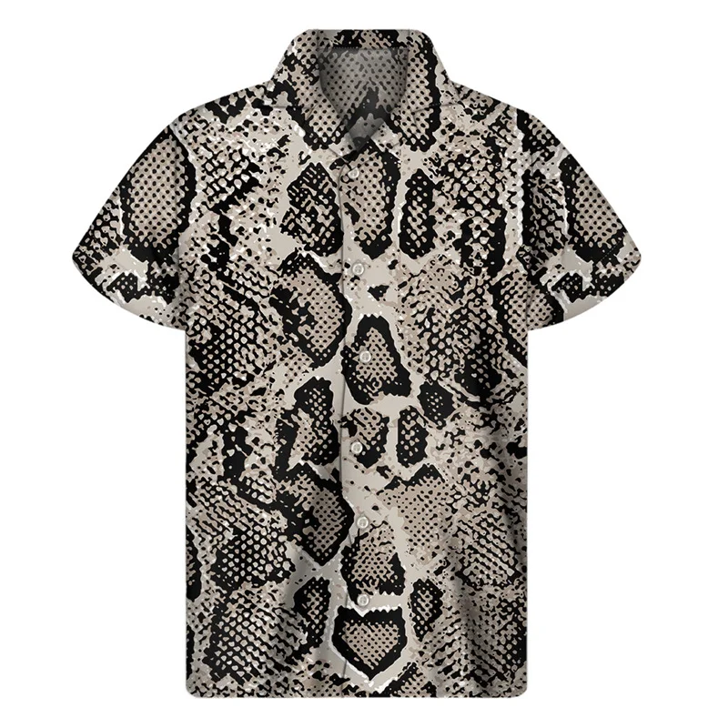 Fashion Animal Snake Skin 3D Print Hawaiian Shirts Men Multi Color Lapel Button Shirt Street Loose Short Sleeves Blouse Tops