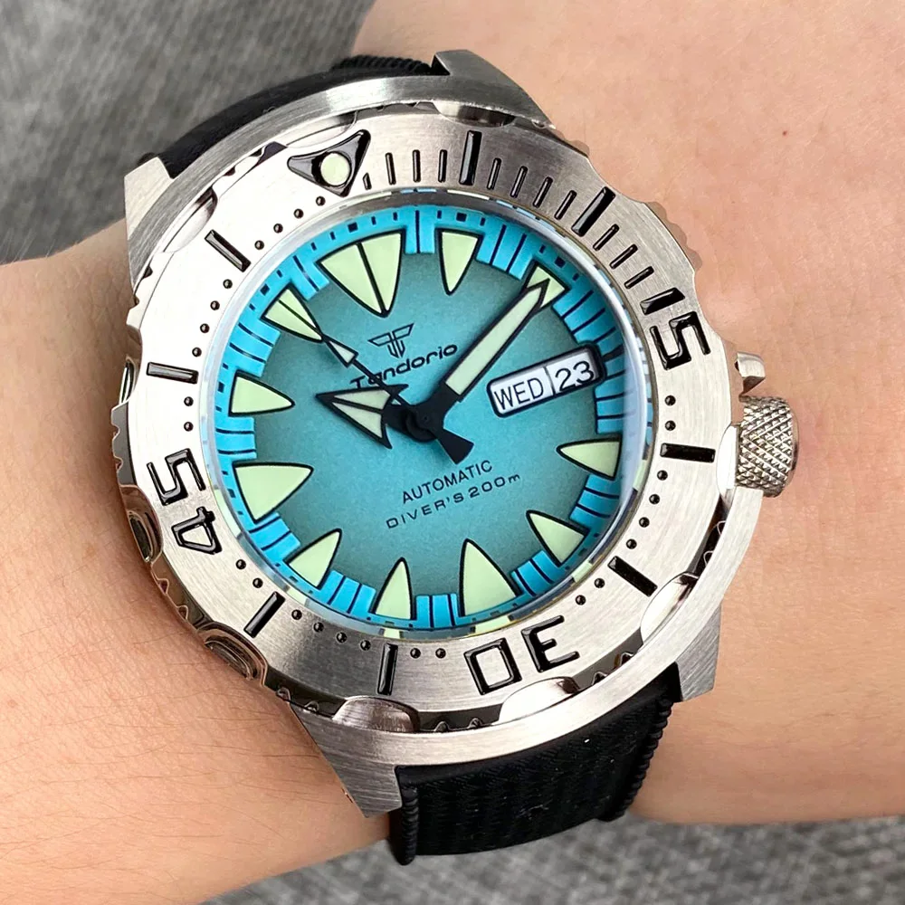 Tandorio reloj de pulsera automático de acero para buceo, cronógrafo resistente al agua de 200M, esfera azul cielo SEIK NH36 Movt, AR Sapphire