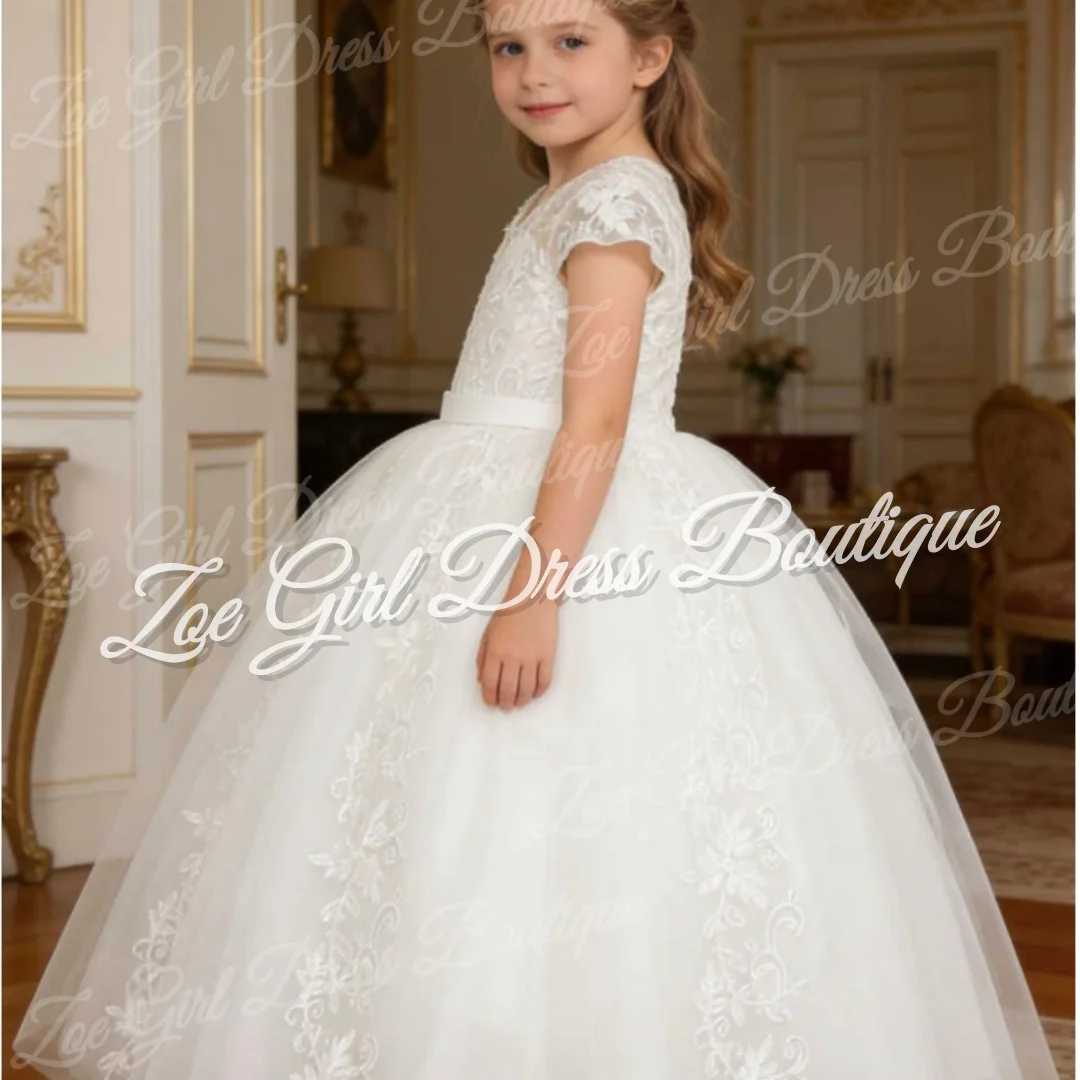 White Cap Sleeve V-Neck Embroidered Tulle Flower Girl Dress Pearl Button Gown Wedding Birthday First Communion Customized