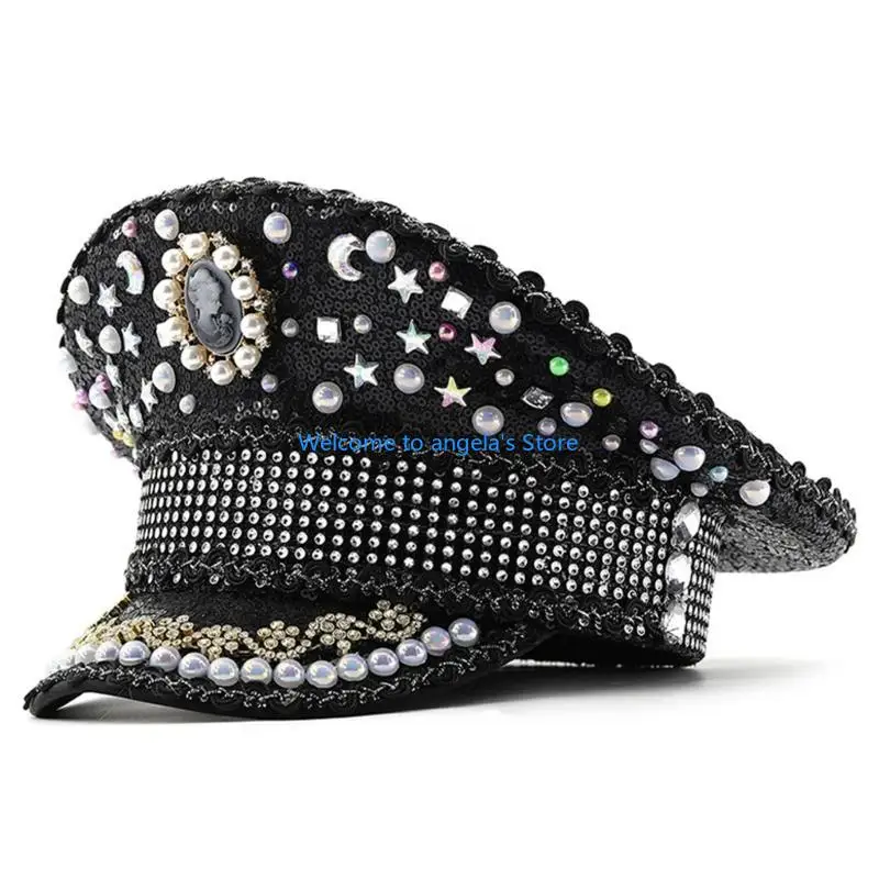 

X4YC Jeweled Hat Heavy Crystal Captain Hat Headgear for Women Dancer Comedian