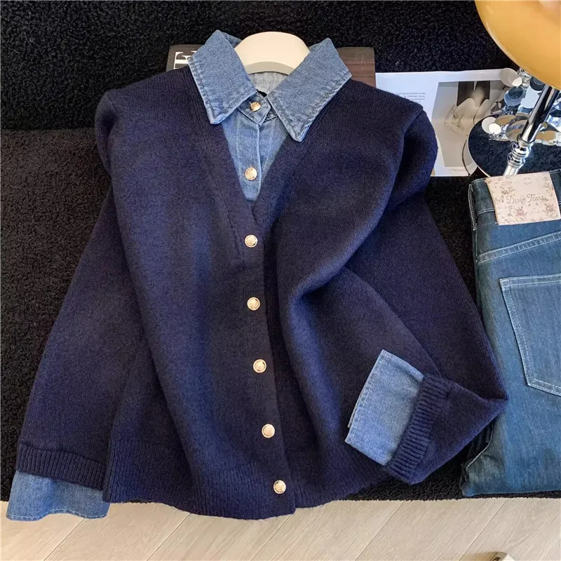 

Autumn Korean Denim Patchwork Fake Two Pieces Knitted Cardigan Jacket Navy Blue Gray Lapel Long Sleeve Ladies Knitwear Sweater