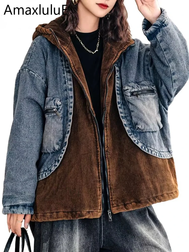 

Amax LuluE Winter Parkas Womens Fashion Corduroy Denim Padded Jacket Loose Warm Vintage Hooded Leisure Thicken Oversized Coats