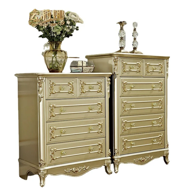 

European solid wood chest, storage champagne gold French drawer storage cabinet