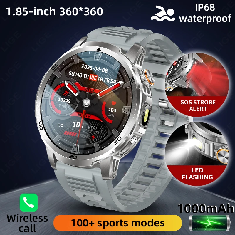 

LIGE New 1.85 inch Display Men's Smart Watch SOS Distress Light & LED Flashlight Dual Light Mode 1000mAh Battery Men Smartwatch