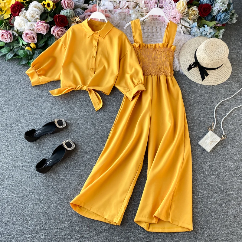 

Fashion Set Strap Pants Women's Slim Fit Bra High Waist Wide Leg Jumpsuit+Short Fashionable Shirt Top Two Piece Set