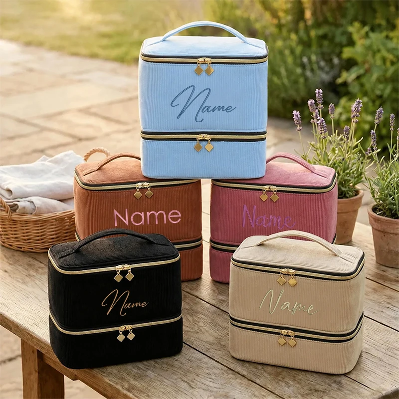 Personalized Makeup Bag Custom Corduroy Toiletry Organizer Large Vanity Case Bridesmaid Proposal Gift Back-to-School Gifts