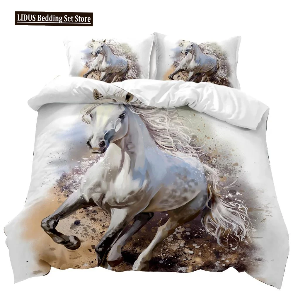 

Horse Duvet Cover Set 3D Steed Print Comforter Cover Wildlife Bedding Set Animal Polyester Quilt Cover Double Queen King Size