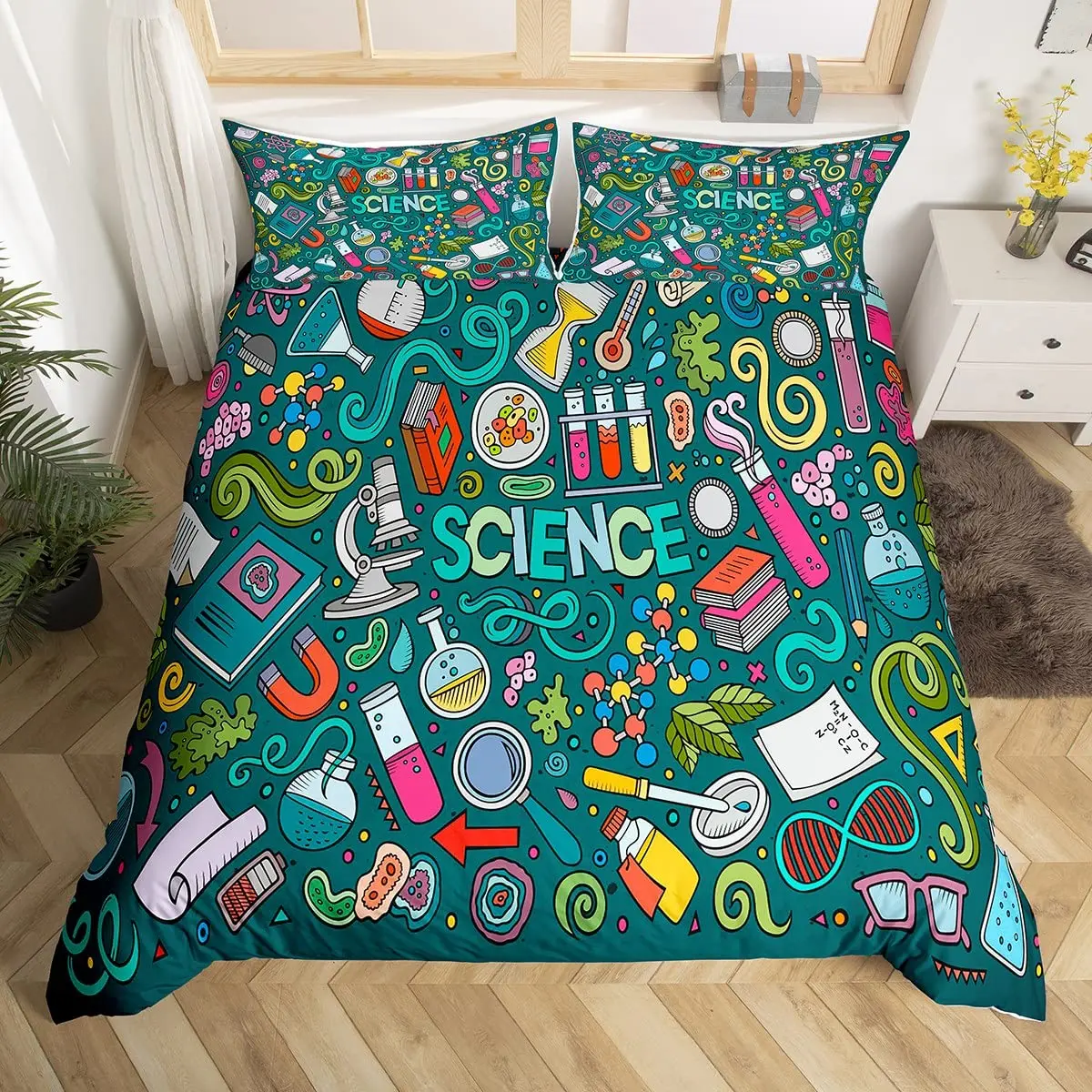 

Laboratory Bedding Set Chemistry Lab Duvet Cover Set for Kids Teen Test Tube Microscope Graffiti Comforter Cover Science Theme