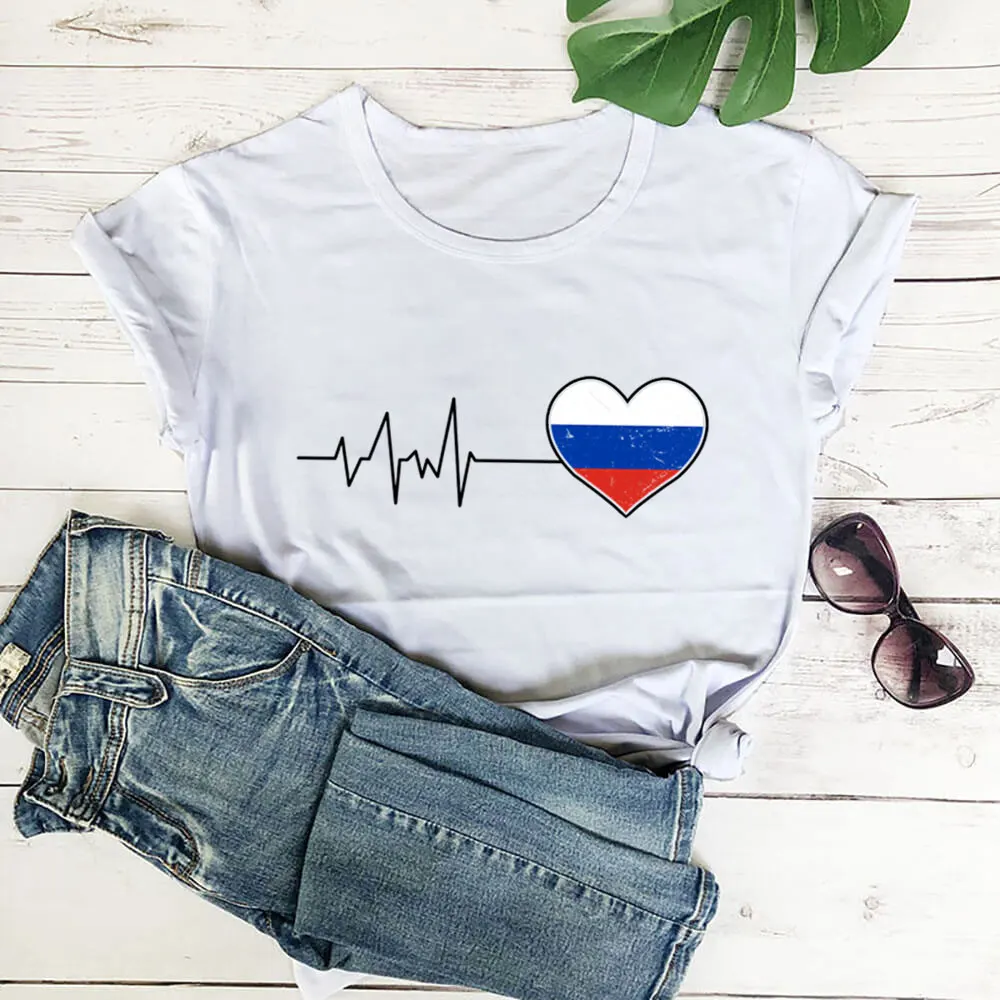 Heartbeat Russia Flag New Arrival 100%Cotton Women T Shirt Women Funny Summer Casual Short Sleeve Top Tee Country Lovers Shirt