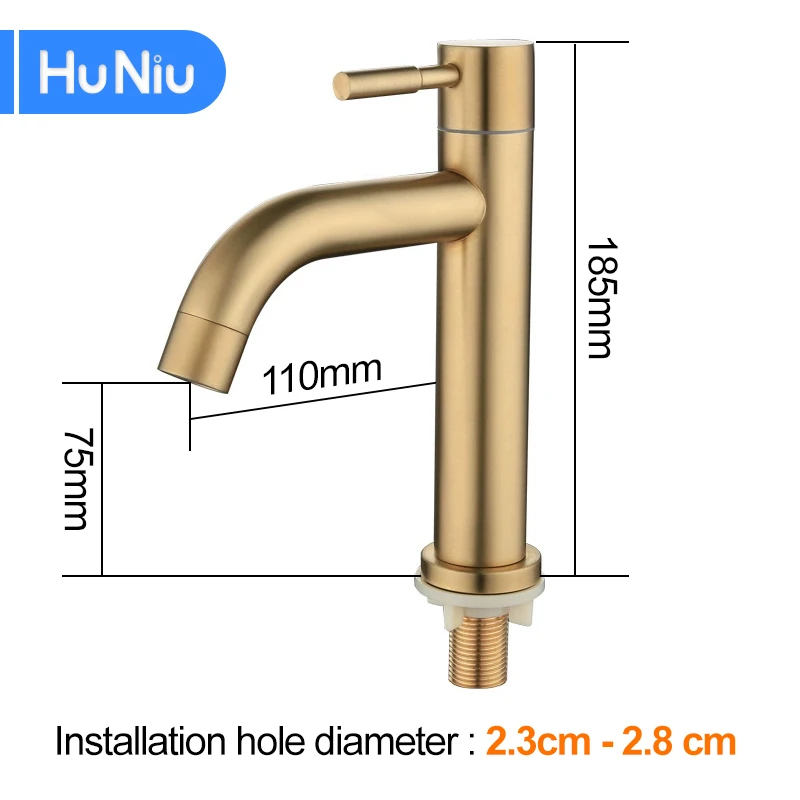 HuNiu Bathroom Faucets Stainless Steel Brushed Gold Basin Mixer Sink Faucet Gourmet Washbasin Tapware Single Cold Water Tap Grey