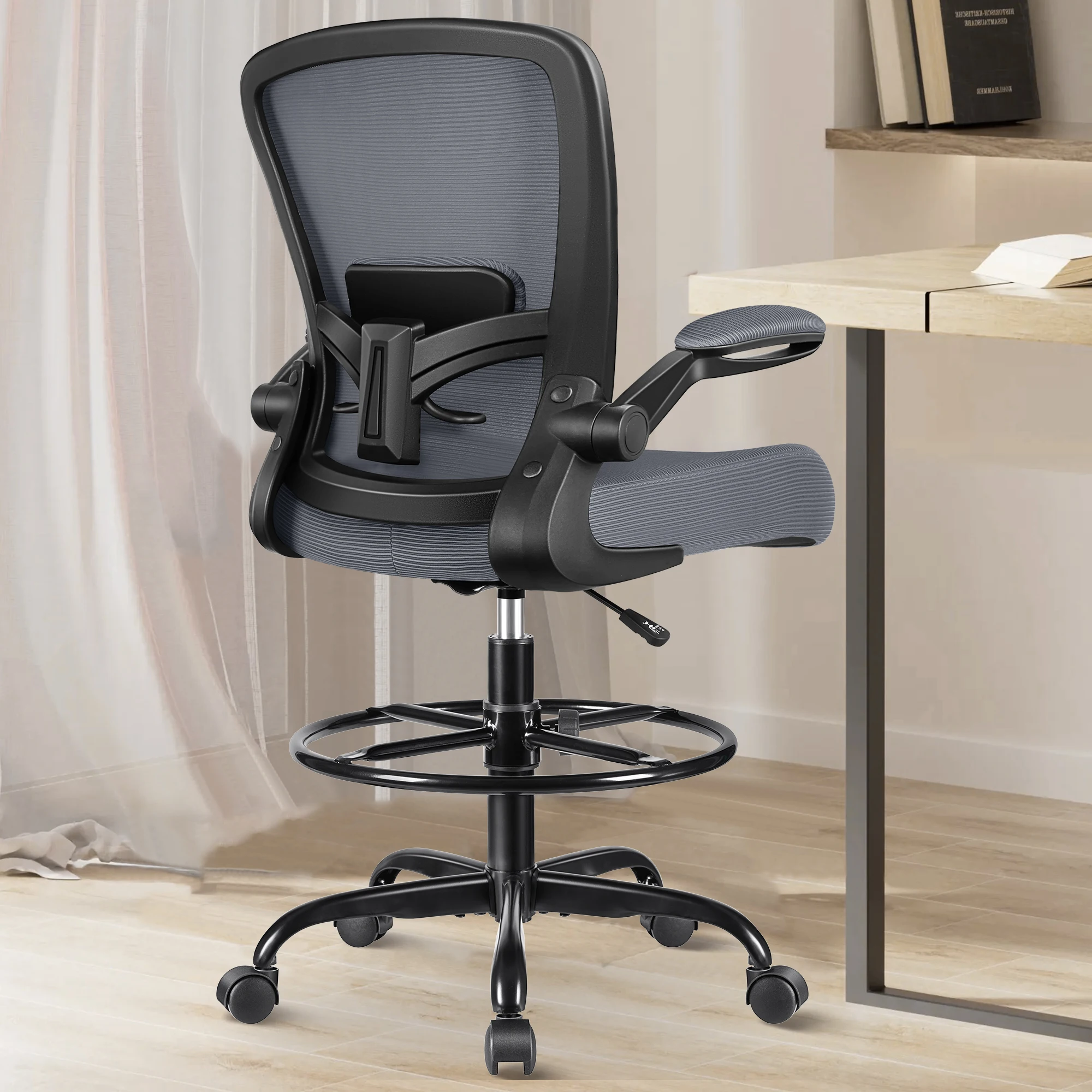 KERDOM Drafting Chair Tall Office Chair, Flip-up Armrests Executive Ergonomic Computer Standing Desk Chair, Adjustable Height and Comfortable Lumbar Support, DarkGray
