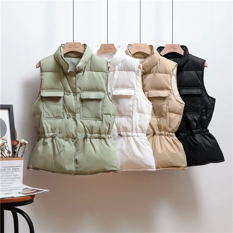 Autumn Winter New Ultra Light Down Vest Women Short Vest Windproof Lightweight Warm Waistcoat Female Coat  White Khaki Black