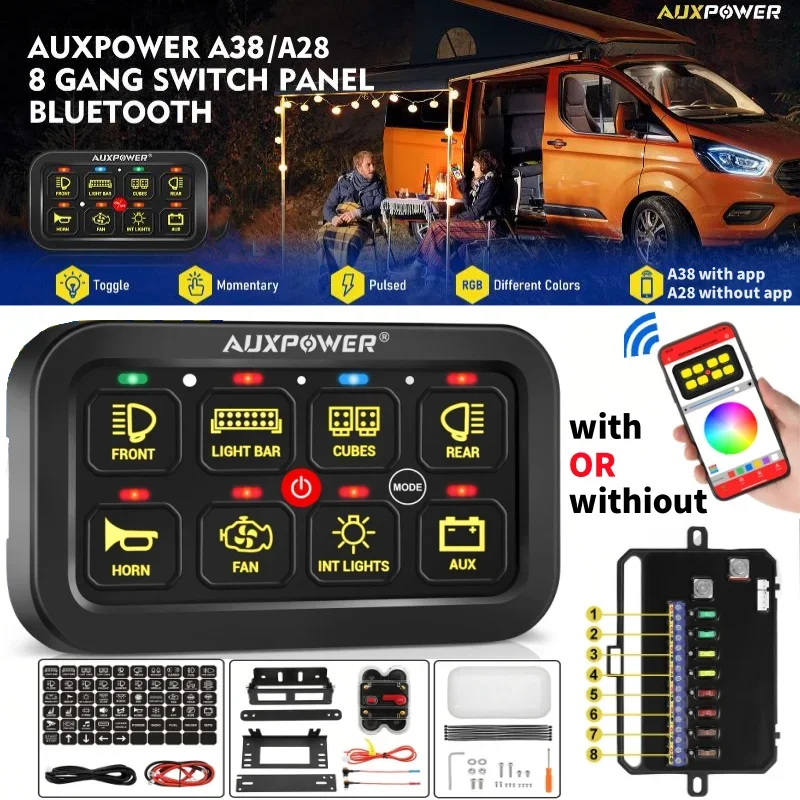 AUXPOWER RGB 8 Gang Switch Panel Toggle/Momentary/Pulsed Supported Switch Controller with/without App Control (One-Sided Outlet)