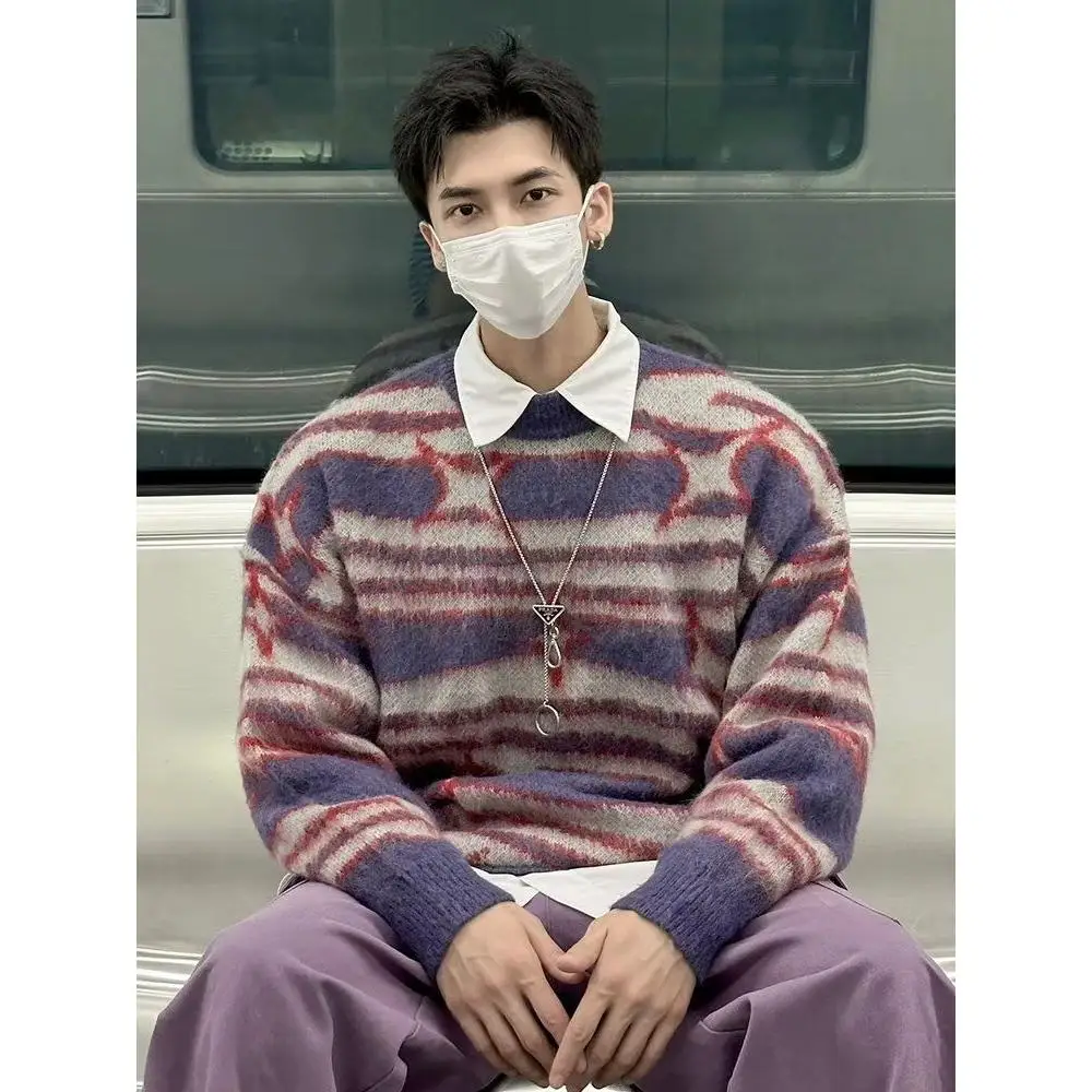 العصرية الرجال محبوك سترة الشتاء ملابس خارجية مخطط adient اللون الأمريكية كسول Sle الراقية الشعور فضفاضة تناسب طويلة Sve #1