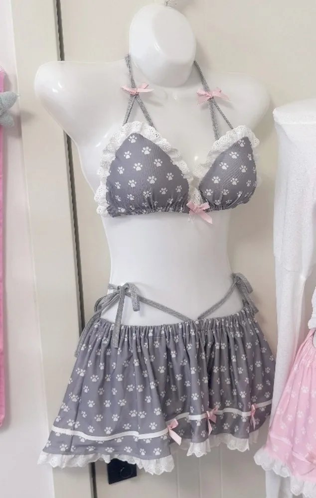 Kawaii Paw Print Two Piece Swimsuit Women Halter Lace Bow Bikini Set Ruffled Swim Skirt Cute Beach Bathing Suit