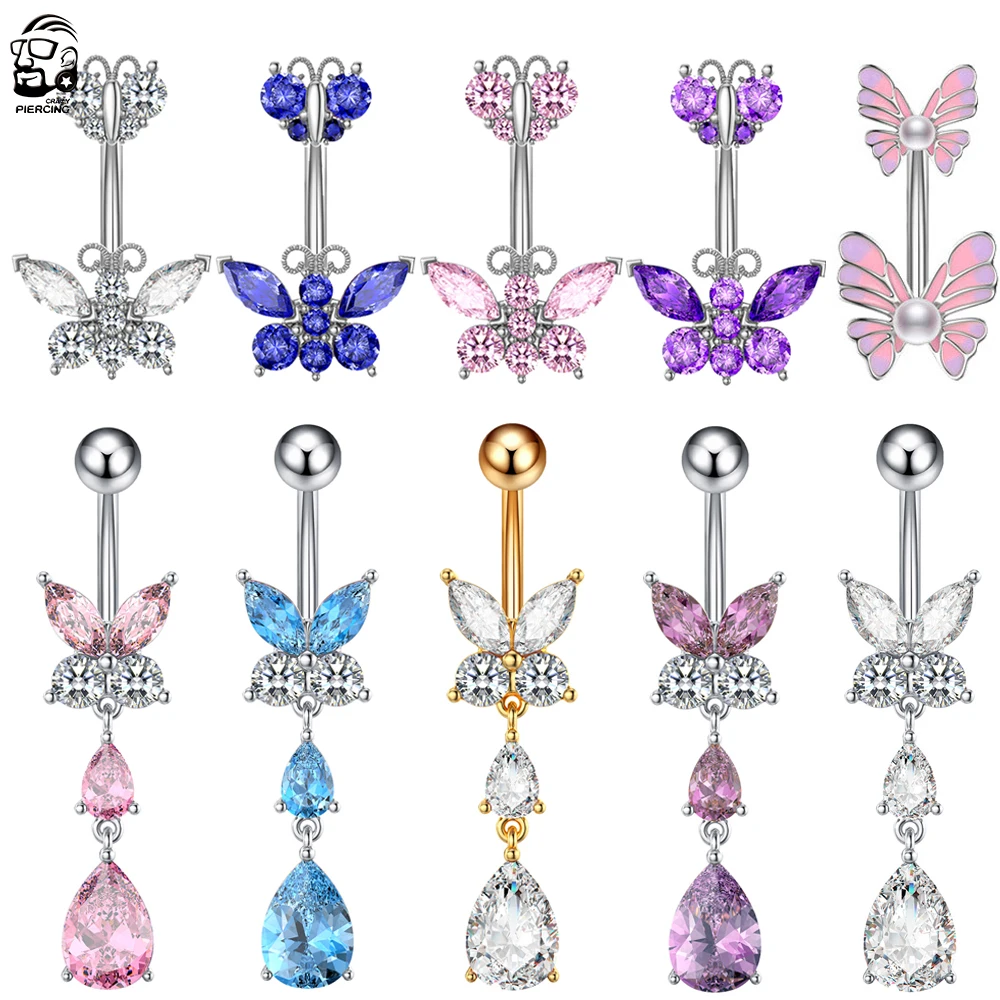 Trendy Water Droplets Zircon Belly Button Rings Piercing Nombril for Women Girl 14G Stainless Steel Butterfly Dangled Navel Ring