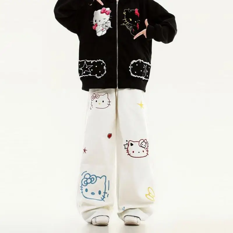 

Джинсы Sanrio Hello Kitty для женщин и мужчин, осенние, с вышивкой, с отворотами, в клетку, свободного кроя, широкие, прямые, стройнящие