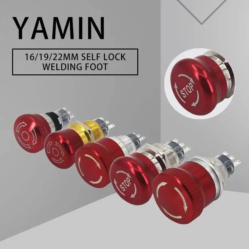16/19/22 millimetri di Metallo Pulsante di Arresto di Emergenza Interruttore 3 Spilli In Acciaio Inox Fungo Rosso Testa -Lock Tipo di Latch
