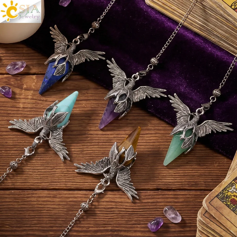 CSJA Vintage Phoenix Bird Crystal Pendulum for Energy Dowsing Divination Natural Stone Angel Wing Pendant Pendule Pendulos H895