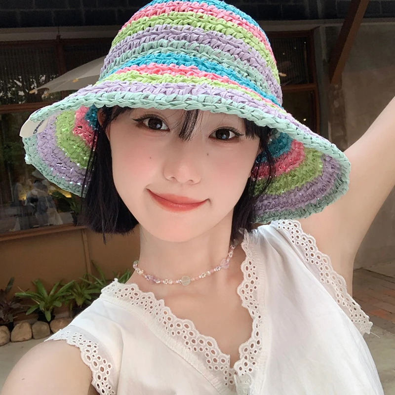 

Ins Dopamine Colorful Straw Bucket Caps for Women Summer Seaside Beach Vacation Sunscreen Hollow Breathable Sun Hats Y2k