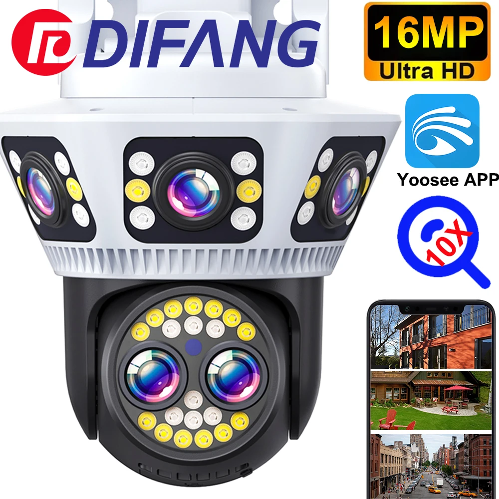 DIFANG Triple Screens Outdoor WiFi Security Camera with 10X Optical Zoom 360 Wide Angle Color Night Vision Siren Alarm Yoosee