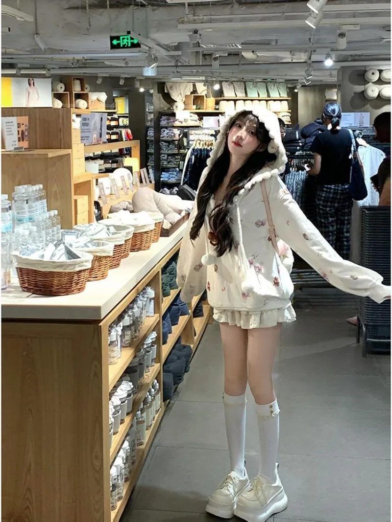 2025 New Cat Print Hoodie Women Y2k Clothes Fall Hooded Sweatshirt Cute Streetwear Halloween Clothes Korean Style Pulls Femmes