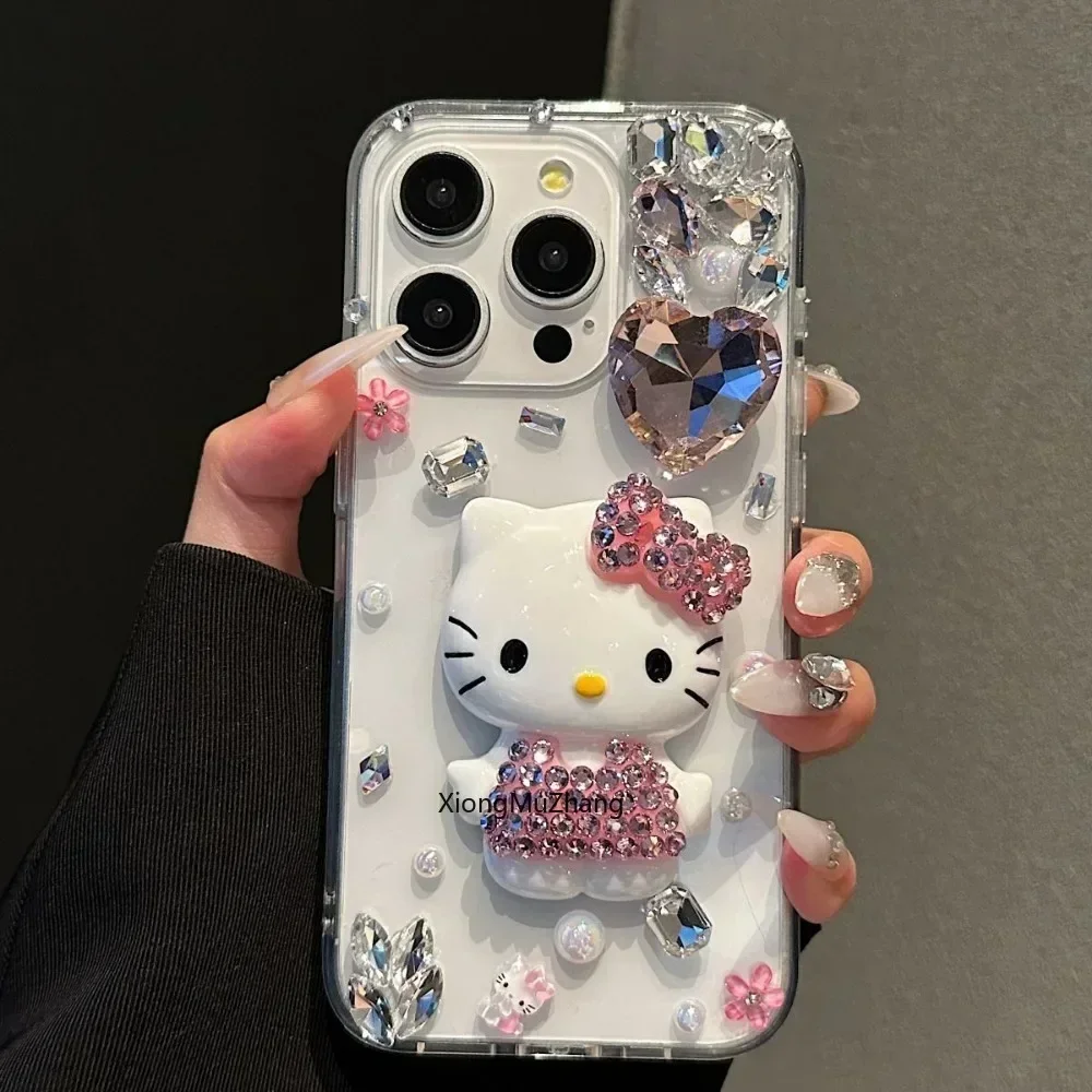 Sanrio Hello Kitty Protective Case for IPhone 15 Pro Max 14 Plus 11 12ProMax 13Mini Heart Shape Rhinestone Fashion Custom Cover