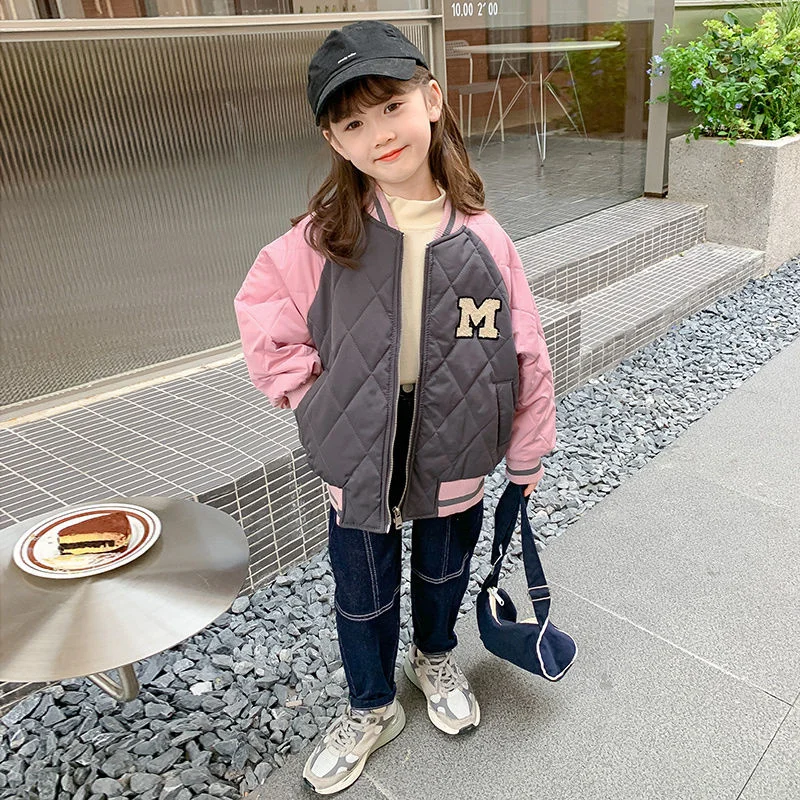 Girls\' Baseball Jacket Spring Autumn 2023 New Bomber Suit Children\'s Clothes Thickened Cotton Korean Contrast Color Casual Coat