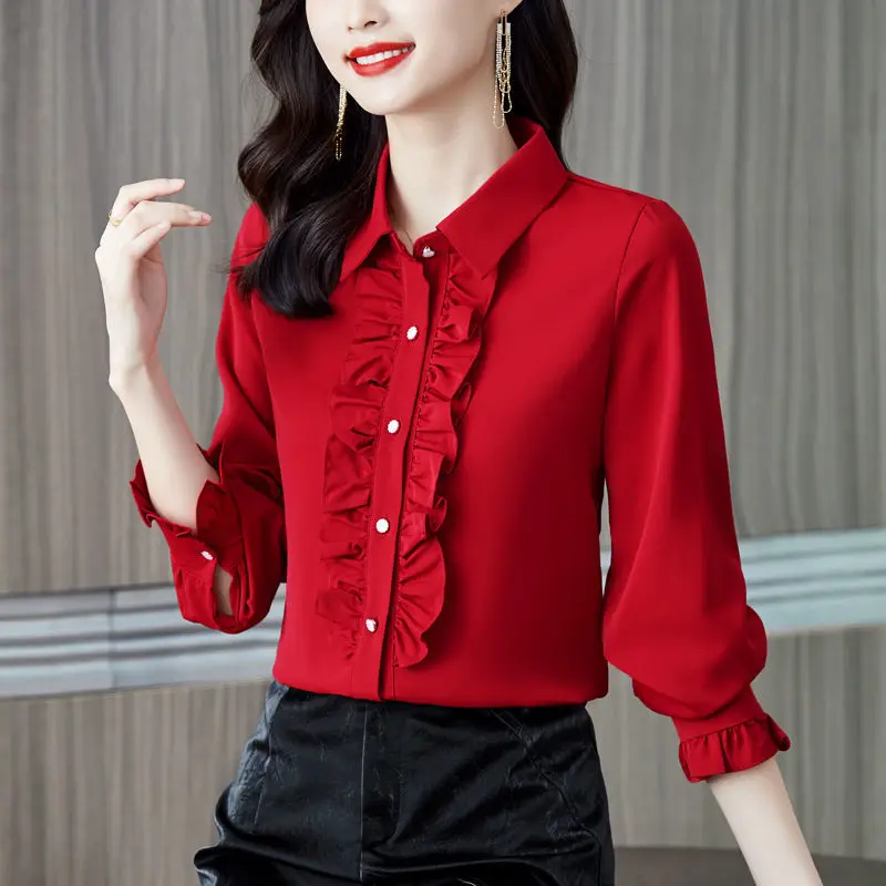 Spring Autumn New Female Ruffles Spliced Polo-Neck Shirt Office Lady Fashion Long Sleeve Solid Color All-match Button Blouse