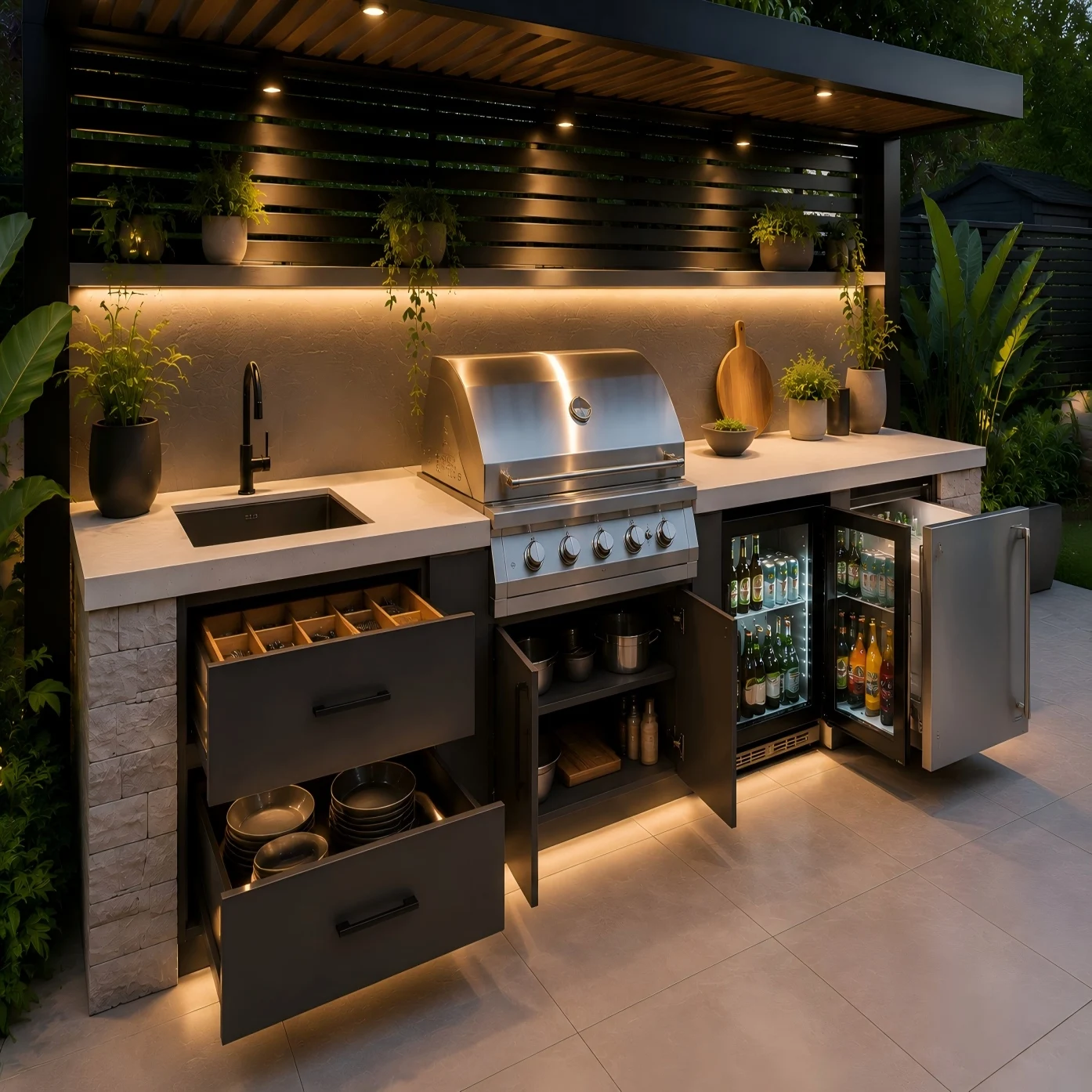 Modern Prefabricated BBQ Island Outdoor Cooking Pod Weather Resistant Awning Commercial Patio Grill Station