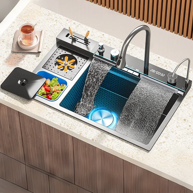 Handmade Square 304 Stainless Steel Single Bowl Kitchen Sink Waterfall Digital Display With Waste Bin Washing Basin