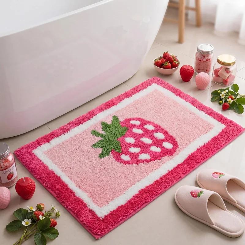 VIKAMA Pink Strawberry Plush Floor Mat Kawaii Cute Fruit Non Slip Absorbent Bath Rug Bedroom Bathroom Entrance Decor Doormat