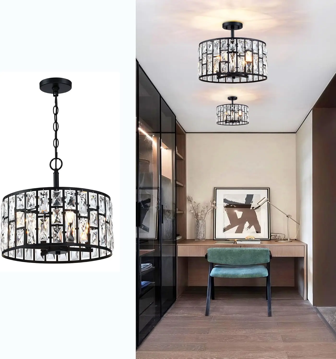 Farmhouse Crystal Convertible Chandelier and Semi Flush Mount Lighting Black Cylinder Drum Shade Pendant for Kitchen Island