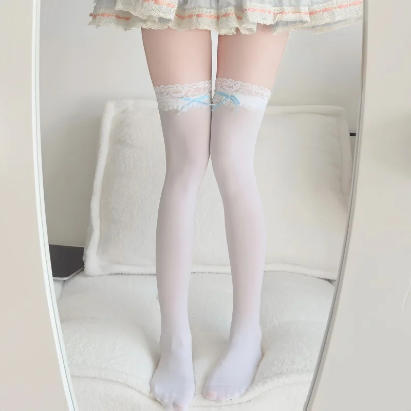 Elegante, durchsichtige, weiße, oberschenkelhohe Spitzensocken für Damen mit Schleife – süße Lolita-Cosplay-Strümpfe für den täglichen Gebrauch, sexy Geschenkstrümpfe – Detail 9