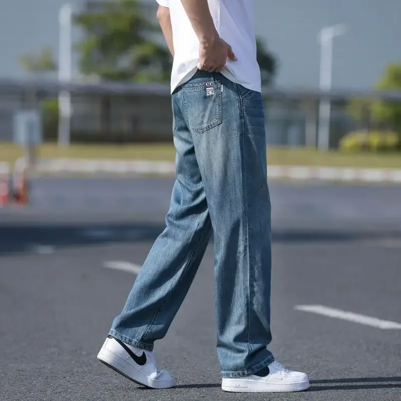 Summer Thin Tencel Jeans for Men Loose Straight Fit Stretch Versatile Wide Leg Casual Comfortable All Match Male Denim Pants