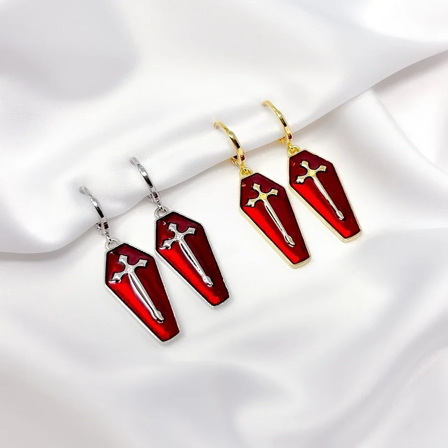 Gothic Enamel Cross Coffin Golden Ear Loops Jesus Jewelry Hip Hop Punk Tombstone Earrings  Funeral Jewelry Gifts