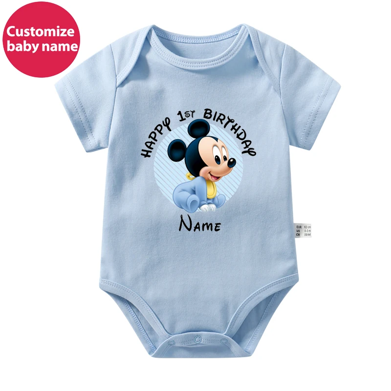 New Custom Name Baby Boys Girls Bodysuits Personalised Happy 1st Birthday Mickey Minnie Mouse Infant Birthday Rompers Gifts