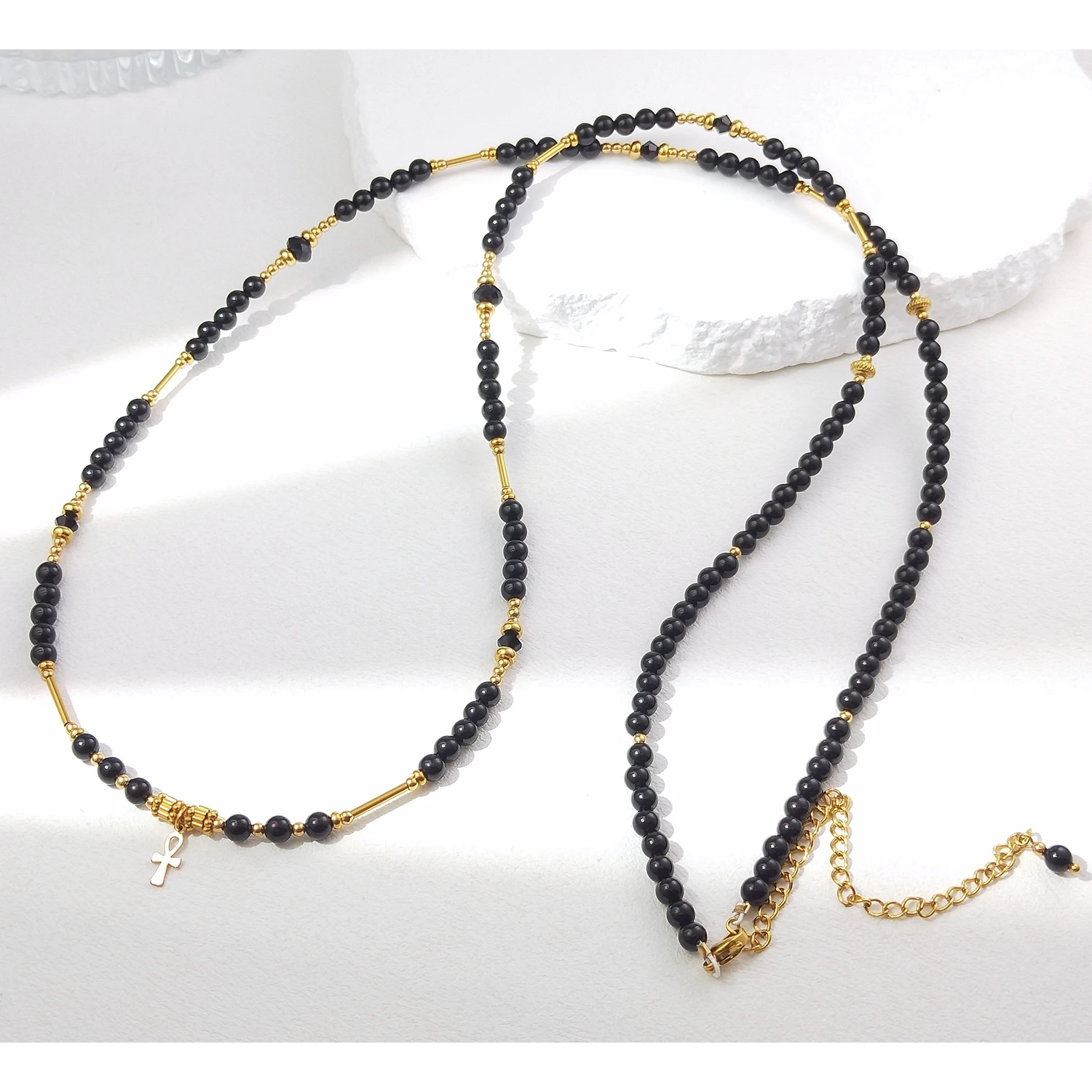 lii-ji-4mm-smooth-beads-black-tourmaline-stainless-steel-waist-chain-87-10cm-natural-stone-jewelry