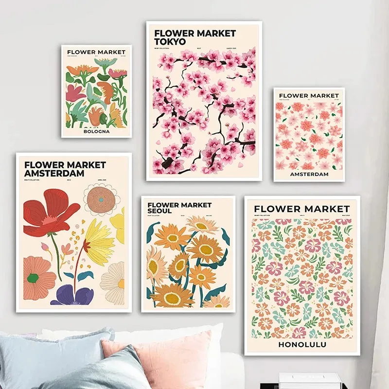 سوق الزهور المشارك الطباعة مجردة النبات جدار الفن باريس مدينة نيويورك اسم قماش اللوحة غرفة المعيشة ديكور المنزل