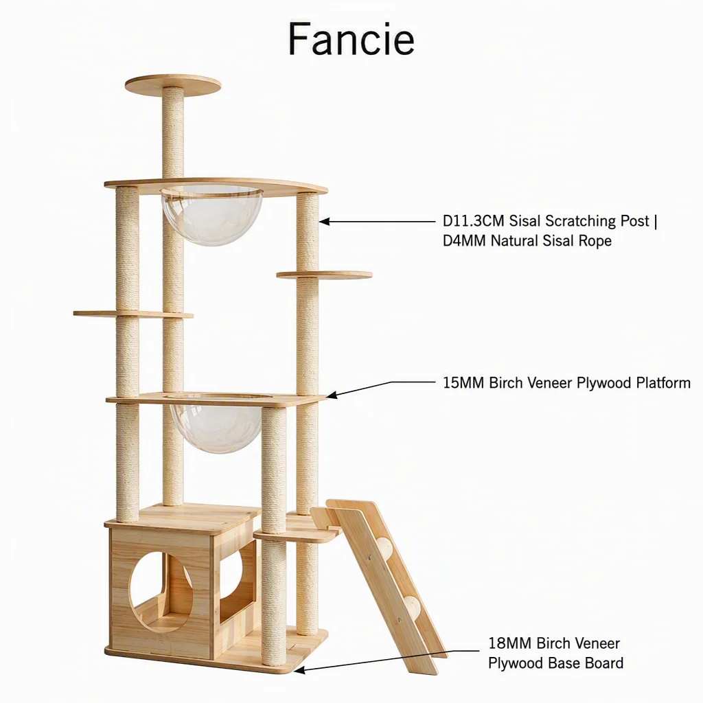 Modern Cat Tree Transparent Pod Solid Birch Wood Multi Level Tower Sisal Scratching Post Eco-Friendly Anti-Slip Indoor OEM