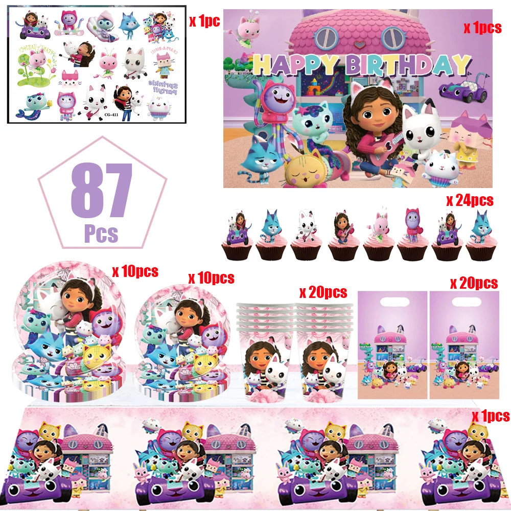 Zestaw dekoracji na przyjęcie urodzinowe Gabby z kreskówki, domek dla lalek, jednorazowa zastawa stołowa, papierowe kubki, talerze, obrus, artykuły na baby shower, akcesoria dla dzieci.