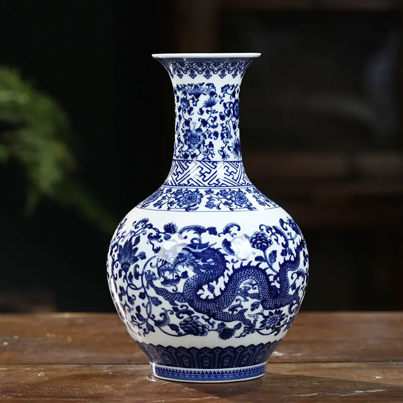 

Jingdezhen Ceramic Vase Blue And White Porcelain Dragon And Phoenix Vase Decorative Chinese Style Desktop Thin Porcelain Vase