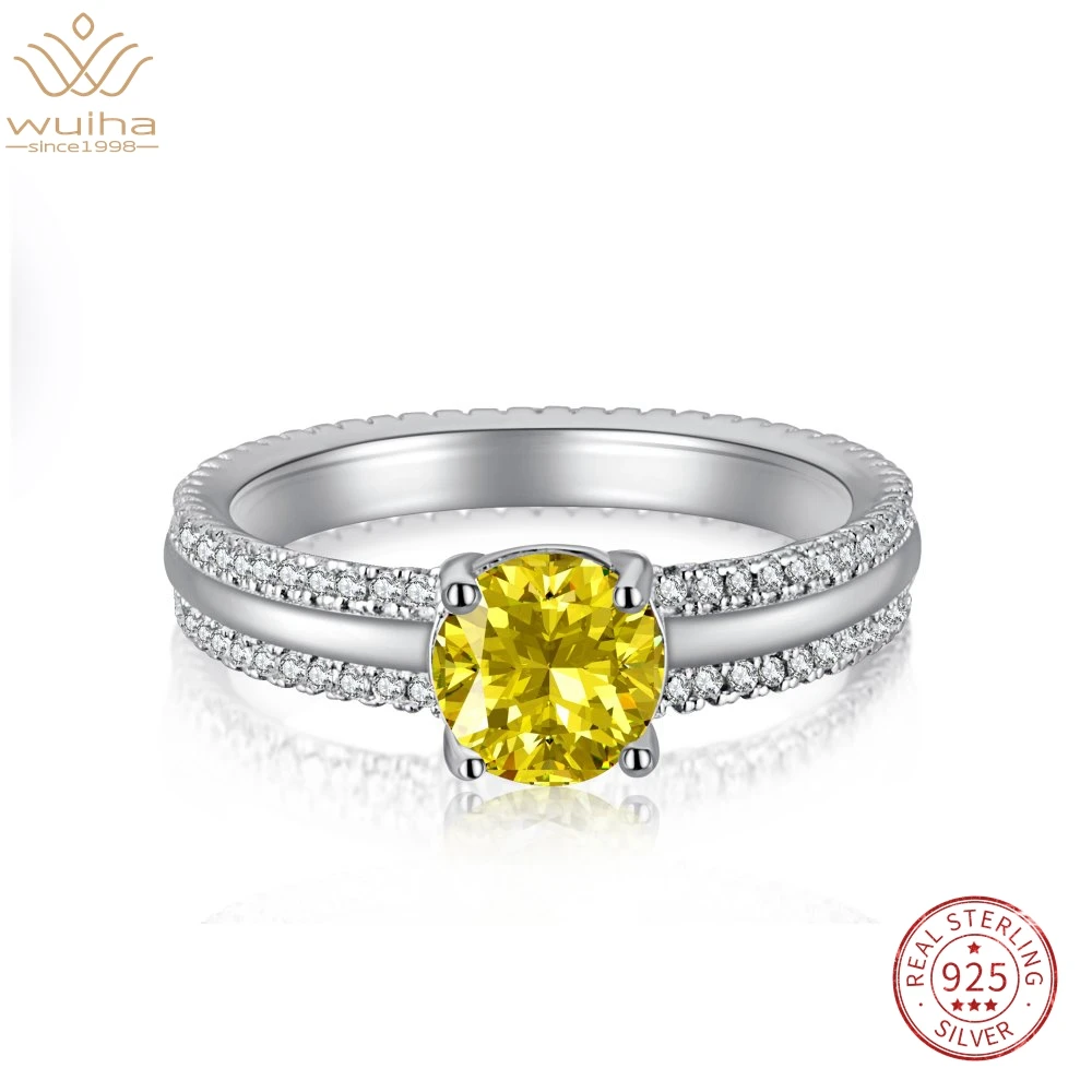 

WUIHA Real 925 Sterling Silver Crushed Ice Round Cut Fancy Yellow Sapphire Synthetic Moissanite Ring for Women Gift DropShipping