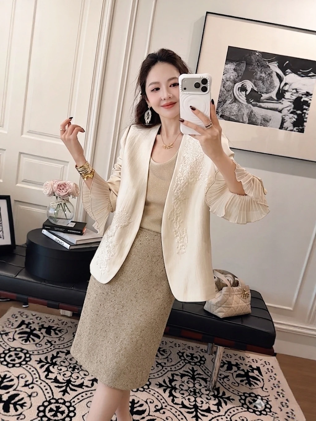 

Pinziko Heavyweight Elastic Gold And Silver Thread Simple Fashionable Versatile Half Skirt High Waist A-Line Cotton Polyester...